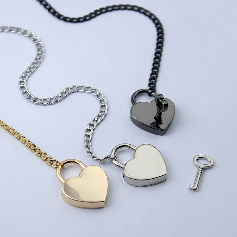 Adjustable Heart O-Ring Punk Rock Cuban Chain Necklace – Lariat Y-Style Necklace with Key & Heart Lock Pendant