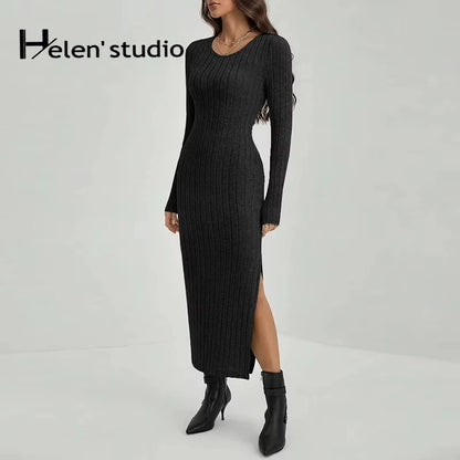 Elegant Ribbed Midi Dress with Side Slit