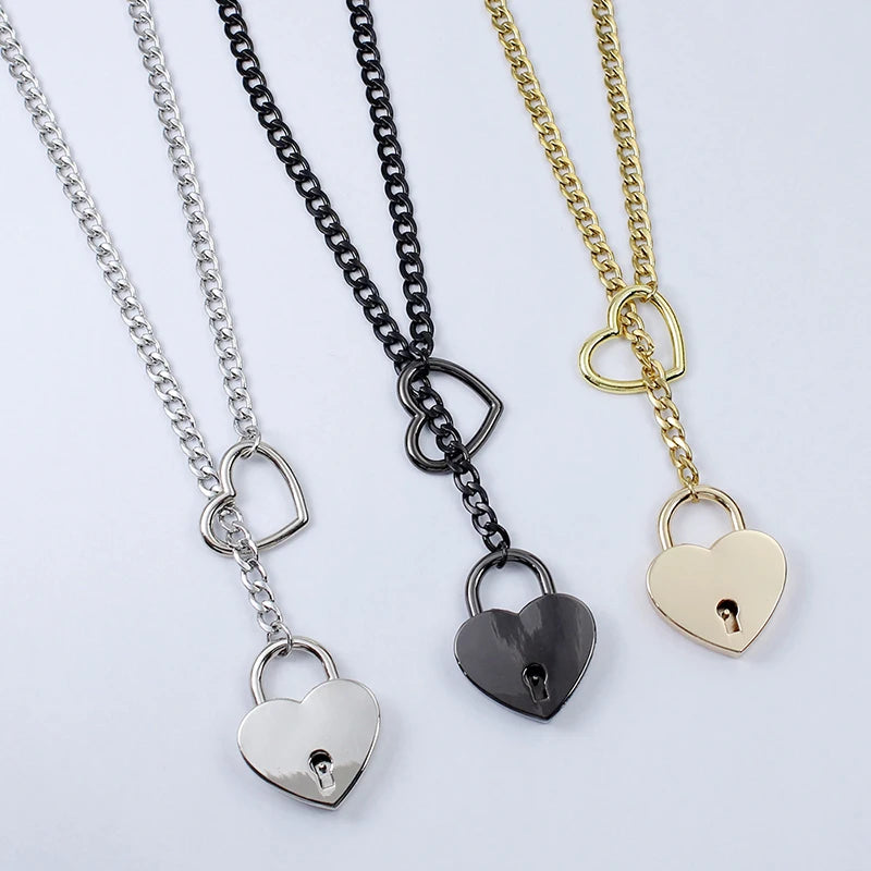 Adjustable Heart O-Ring Punk Rock Cuban Chain Necklace – Lariat Y-Style Necklace with Key & Heart Lock Pendant