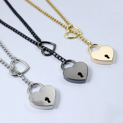 Adjustable Heart O-Ring Punk Rock Cuban Chain Necklace – Lariat Y-Style Necklace with Key & Heart Lock Pendant