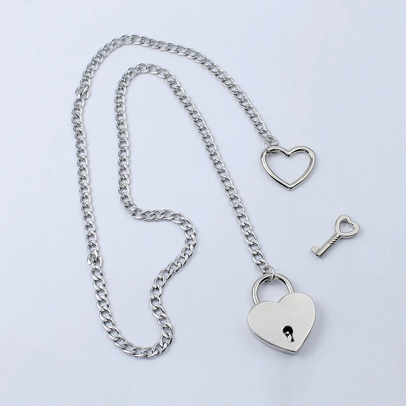 Adjustable Heart O-Ring Punk Rock Cuban Chain Necklace – Lariat Y-Style Necklace with Key & Heart Lock Pendant