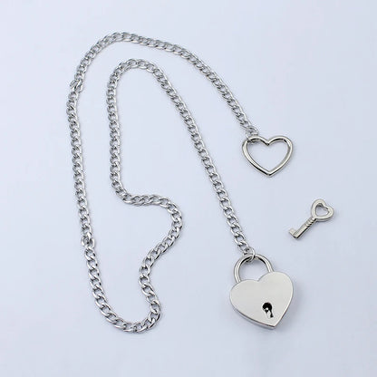 Adjustable Heart O-Ring Punk Rock Cuban Chain Necklace – Lariat Y-Style Necklace with Key & Heart Lock Pendant