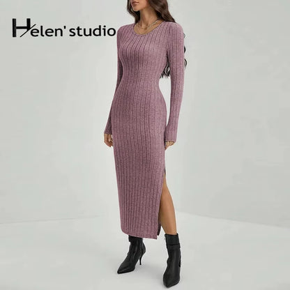 Elegant Ribbed Midi Dress with Side Slit
