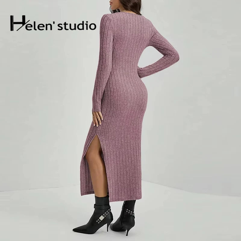 Elegant Ribbed Midi Dress with Side Slit