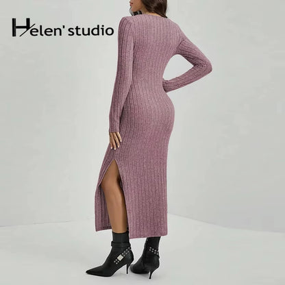 Elegant Ribbed Midi Dress with Side Slit